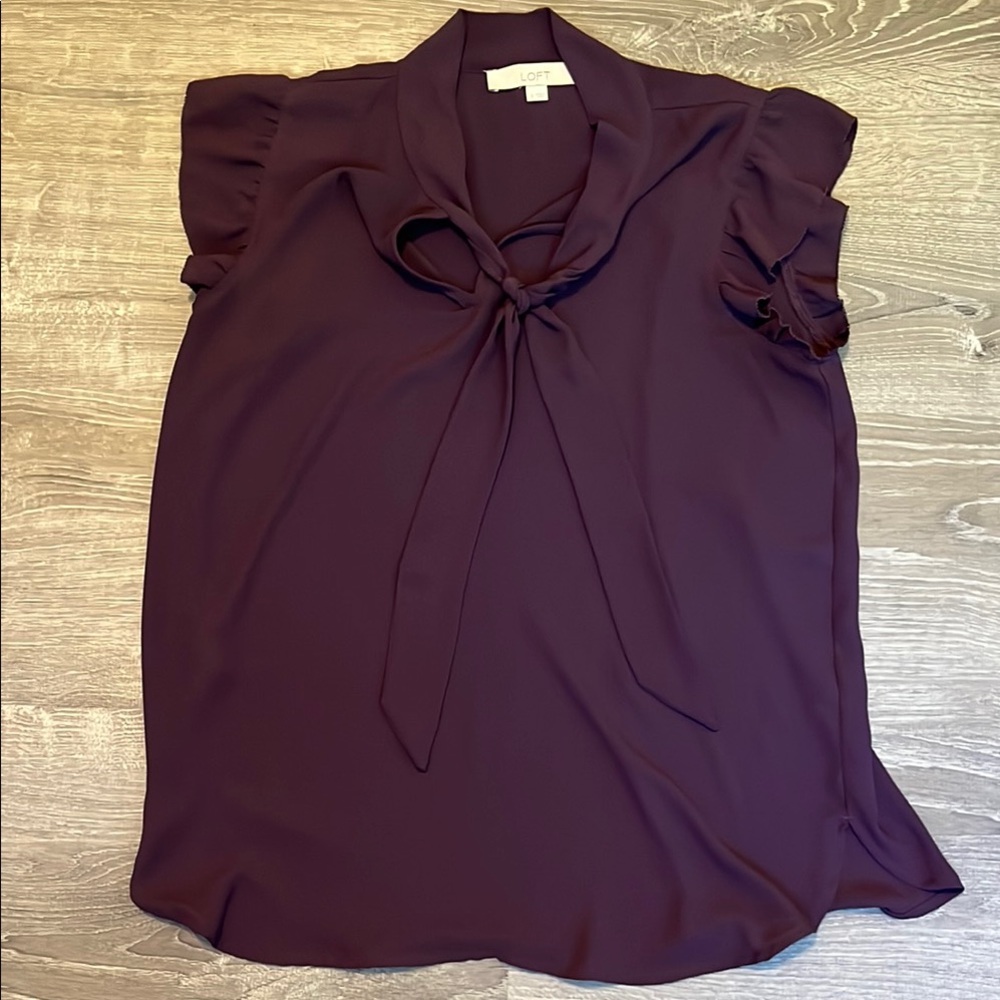 LOFT Purple Tie Front Ruffled Blouse size S